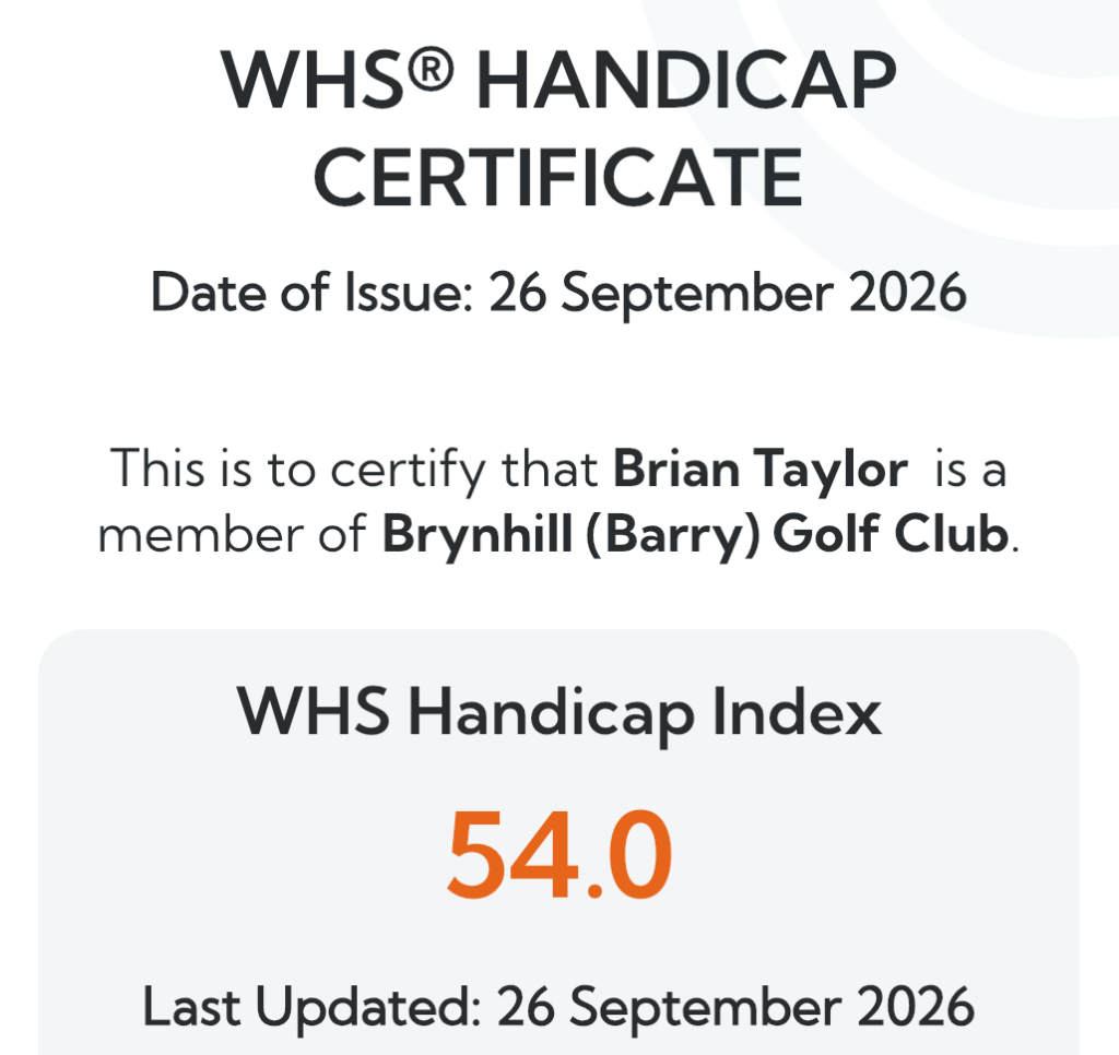 WHS handicap certificate for Brian Taylor, Brynhill (Barry) Golf Club, handicap index 54.0, issued 26 September 2026